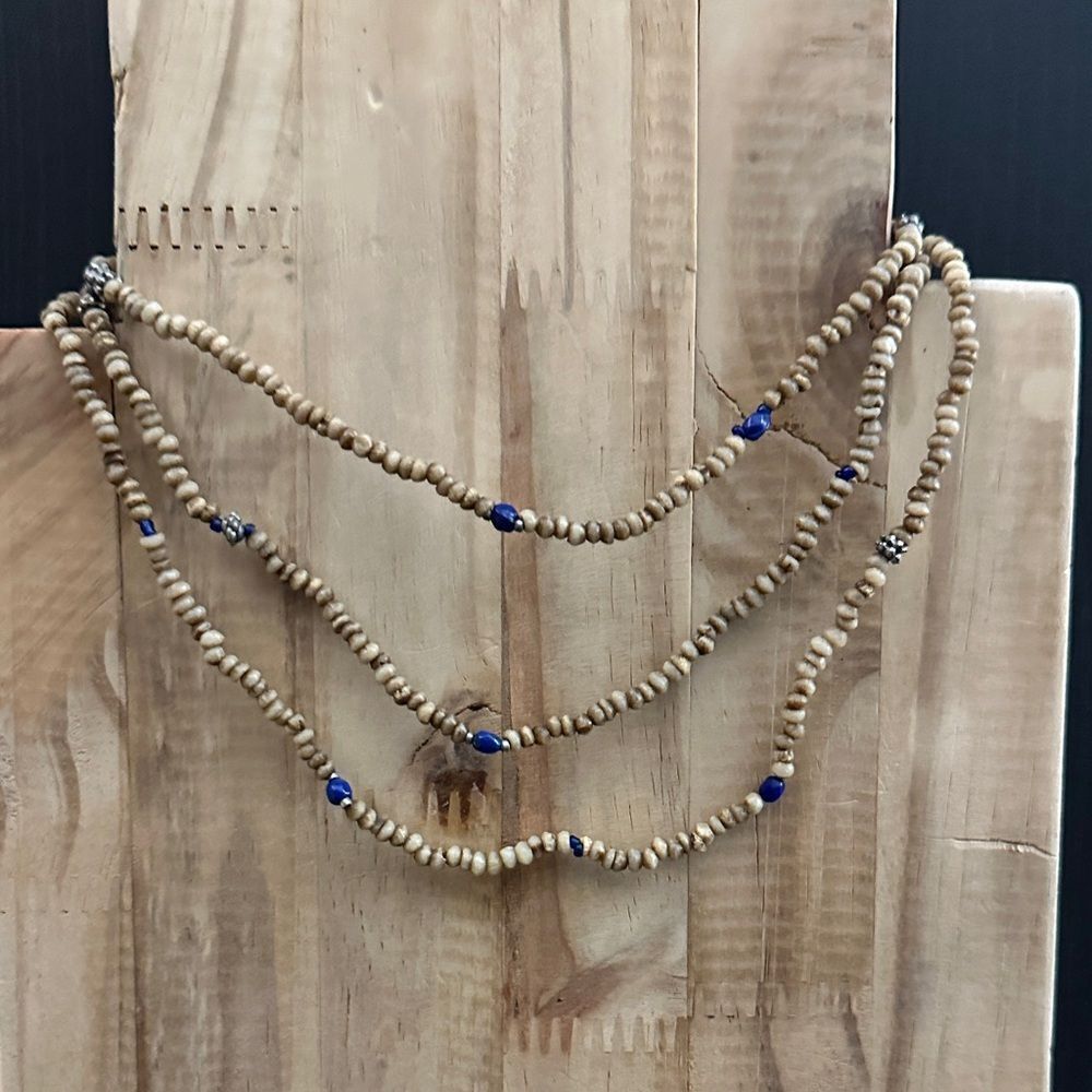 Wood Beaded Necklace with Silver Blue Accents